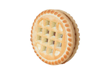Round shortbread cookies on an isolated white background. Side view of cookies