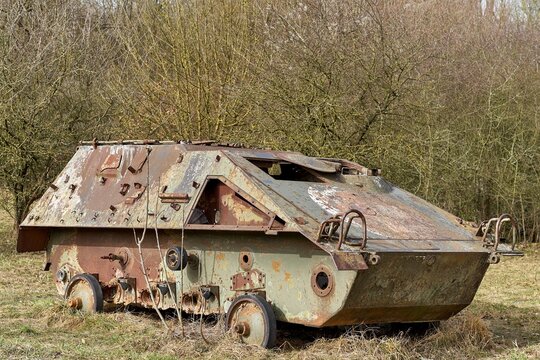 Wreck of an armored personnel carrier. The Sch&uuml;tzenpanzer SPz armored reconnaissance vehicle was developed for the West German army. Period 1959 and 1967.