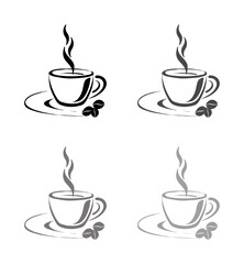 A graphic design of four cups of steaming coffee in different shades of grey, isolated on a white background.