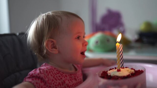 The girl blows out the candle. Candle on the cake. Tries to blow out the candle.