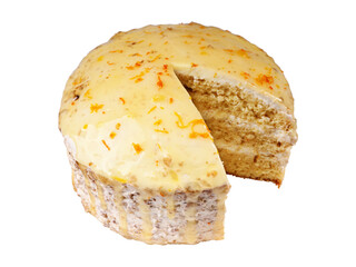 Biscuit cake with a cut out piece isolated