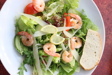 Salad with the prawns in the restaurant 