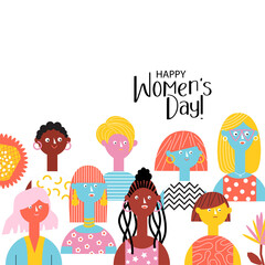 International Women's day card, banner, poster. Cartoon women, girls from different ethnic groups. Woman's rights movement. Vector illustration.