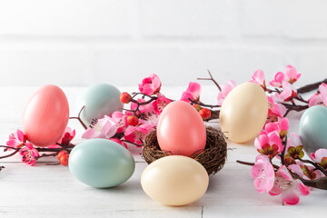 Close up of colorful Easter eggs in the nest with pink plum flower.