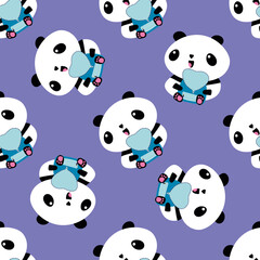 Fototapeta premium Cute Kawaii vector panda seamless pattern background. Sitting cartoon bears holding blue backpacks and school bags on purple backdrop. Fun character repeat for back to school or kindergarten concept