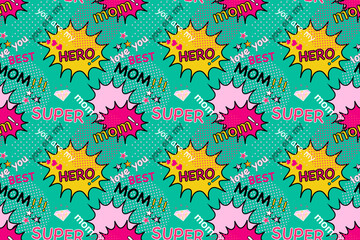 Super mom, super hero, best mom, concept design for mother's day pattern, comic book, pop art, retro style - 416045727