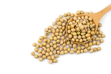 Healthy soybeans In a wooden cup On white background
