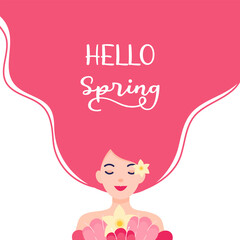 Hello Spring Flat Vector Illustration. Cute Girl Holding Flowers.