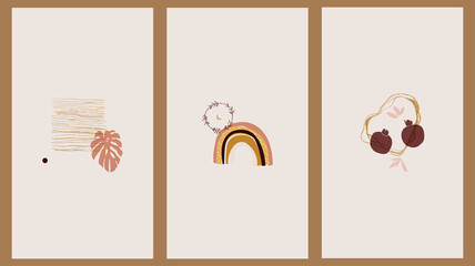 Set of three minimalistic spring pastel posters. Backgrounds for social networks, web design, interiors. Vintage cute illustrations with pencil strokes, leaves, rainbow, pomegranates.