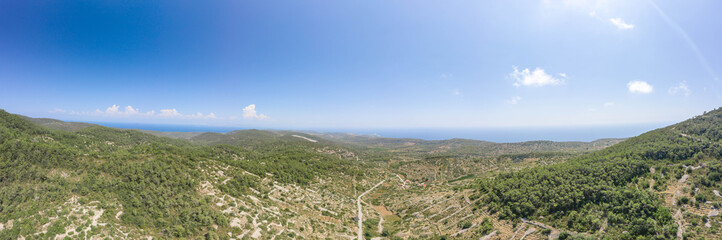 Fototapeta na wymiar Aerial panoramic view of Borovik hill near Tito's Cave on Vis Island in Croatia summer horizon
