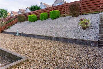 New Landscaped garden with quartz gravel, Cotswold gravel new constructed walls and monoblocked areas. New Fyfestone Walls and monoblocked areas.
