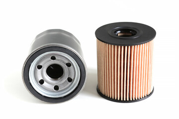 Oil filters for engines on a white background. Car service concept