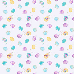 Digital paper on pastel background. Watercolor seamless pattern with Easter colorful eggs.