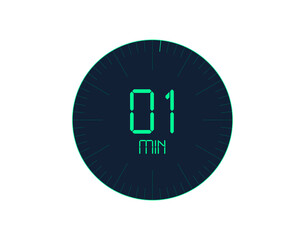 1 min Timer icon, 1 minutes digital timer. Clock and watch, timer, countdown