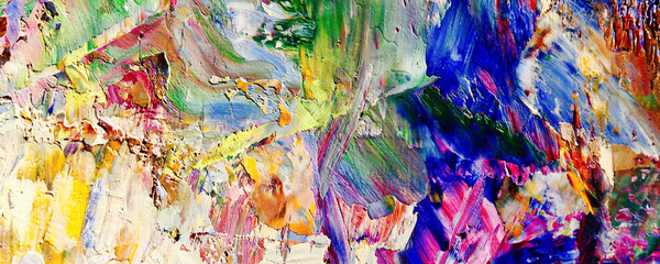Bunter abstrakter Malereihintergrund. Moderne Motive bildende Kunst. Intensive mehrfarbige Mischung aus lebendigen Ölfarben. Trendige handbemalte Leinwand. Malen Sie Pinselstriche auf Leinwand für trendige Postertapeten. © Valeriy