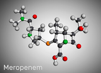 Meropenem molecule. It is broad-spectrum carbapenem antibiotic. Molecular model. 3D rendering