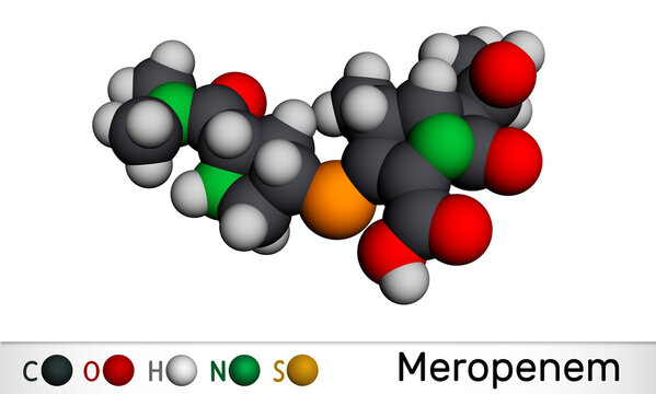 Meropenem molecule. It is broad-spectrum carbapenem antibiotic. Molecular model. 3D rendering