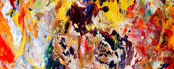 Bunter abstrakter Malereihintergrund. Moderne Motive bildende Kunst. Intensive mehrfarbige Mischung aus lebendigen Ölfarben. Trendige handbemalte Leinwand. Malen Sie Pinselstriche auf Leinwand für trendige Postertapeten. © Valeriy