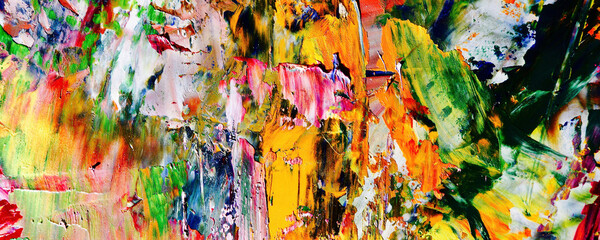 Bunter abstrakter Malereihintergrund. Moderne Motive bildende Kunst. Intensive mehrfarbige Mischung aus lebendigen Ölfarben. Trendige handbemalte Leinwand. Malen Sie Pinselstriche auf Leinwand für trendige Postertapeten. © Valeriy