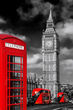 London symbols with BIG BEN, DOUBLE DECKER BUSES and Red Phone Booth in England, UK © Tomas Marek