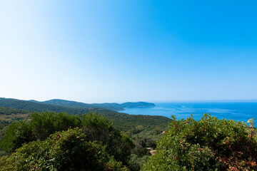 Panorama view of the rocky coastline of corsican Cap Corse near Erbalunga, Corsica, France. Tourism and vacations concept.