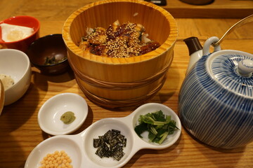 Japanese dish. Unagi don grilled eel rice bowl