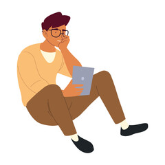 young man with tablet on the floor, procrastination isolated design