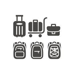 Luggage black vector icon set. Suitcase, handbag and backpack symbols.