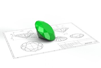 3d illustration of diamond above engineering drawing