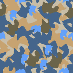 Abstract camouflage in blue and beige colors. Protective repeating pattern. Drawing for clothing, textiles and backgrounds. Vector.