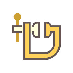 Vise or vice icon. Item is a mechanical apparatus consist of sliding jaw, stationary jaw, slide, handle, screw, fixed body and base. For holding workpiece in woodworking, metalworking and welding.