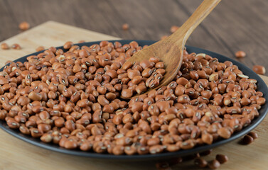 A dark plate full of dried raw brown kidney beans