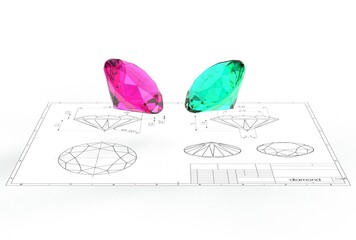 3d illustration of diamond above engineering drawing