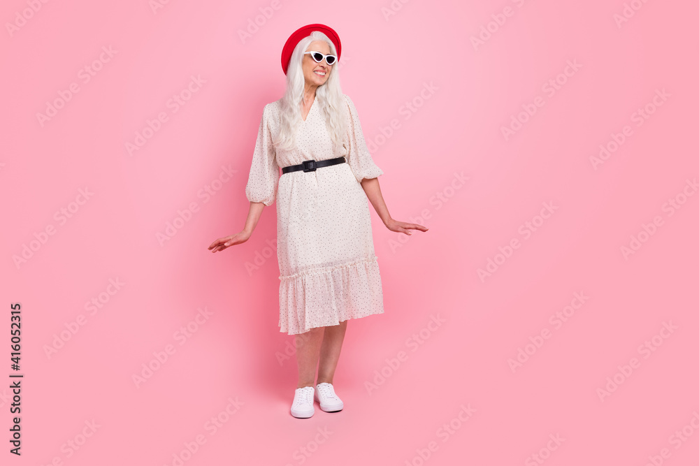 Sticker full length body size view of pretty cheerful grey-haired woman posing having fun isolated over pink