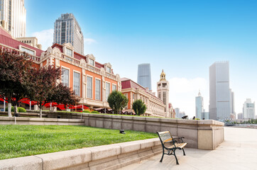 City square and historic buildings, Tianjin, China.