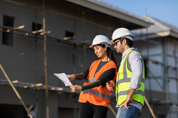 Professional Mechanical Engineer team Working on construction site.  Home building Project quality Inspection