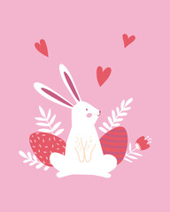 Happy Easter poster, print, greeting card or banner with eggs, white bunnies or rabbits, spring flowers, plants and heart on pink background. Vector hand drawn illustration.