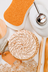 Zero waste bathroom accessories.  wood,  soap, reusable soap container, ecological sponge. Without plastic concept. Eco friendly. perfume bag. Bright bathroom concept. ecological bath