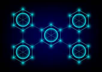 Blockchain concept. Transparent Globe and blue hexagonal ring on dark background. Big data flow information and cryptocurrency finance.