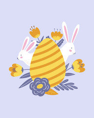 Happy Easter poster, print, greeting card or banner with eggs, white bunnies or rabbits, spring flowers, plants and lettering or text. Vector hand drawn illustration.