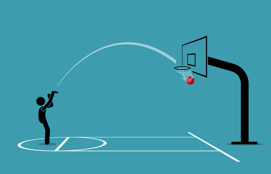 Man shooting a basketball into a hoop and scoring from free throw line. Vector illustration concept of accurate, precise, skillful, objective, and practice makes perfect.