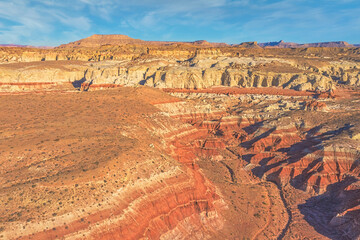 Aerial view from drone, beautiful landscape of red and orange rock formations along the road in...