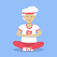 Elderly woman practicing yoga. Flat illustration on blue background.