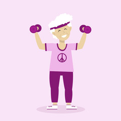 Elderly smiling woman exercising with dumbbells. Flat illustration.