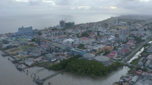 Aerial view of industrial harbor area in Guyana, South America 