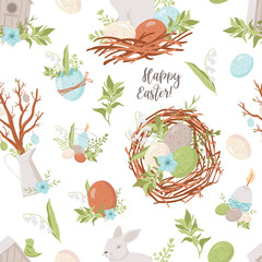 Vector seamless pattern with Easter eggs and bunnies.