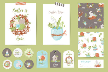 Set of Easter cards, notes, stickers, labels, stamps, tags.