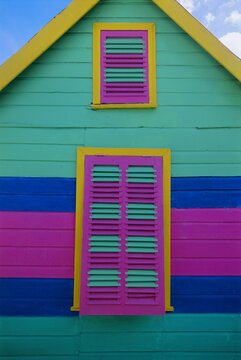 Colourful chattel house front, Barbados, West Indies, Caribbean, Central America