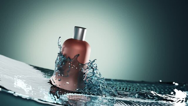 Cosmetic plastic bottle in splashes and drops of water. Skin care product, shampoo, lotion or liquid soap in wave pattern, elegant terracotta jar with silver cap on blue background, packaging mockup