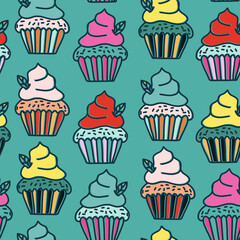 A seamless pattern with hand drawn cakes in an unusual, bright color combination. Modern vector illustration. The concept of cafes and pastry shops. The objects are uncut, the pattern is isolated from